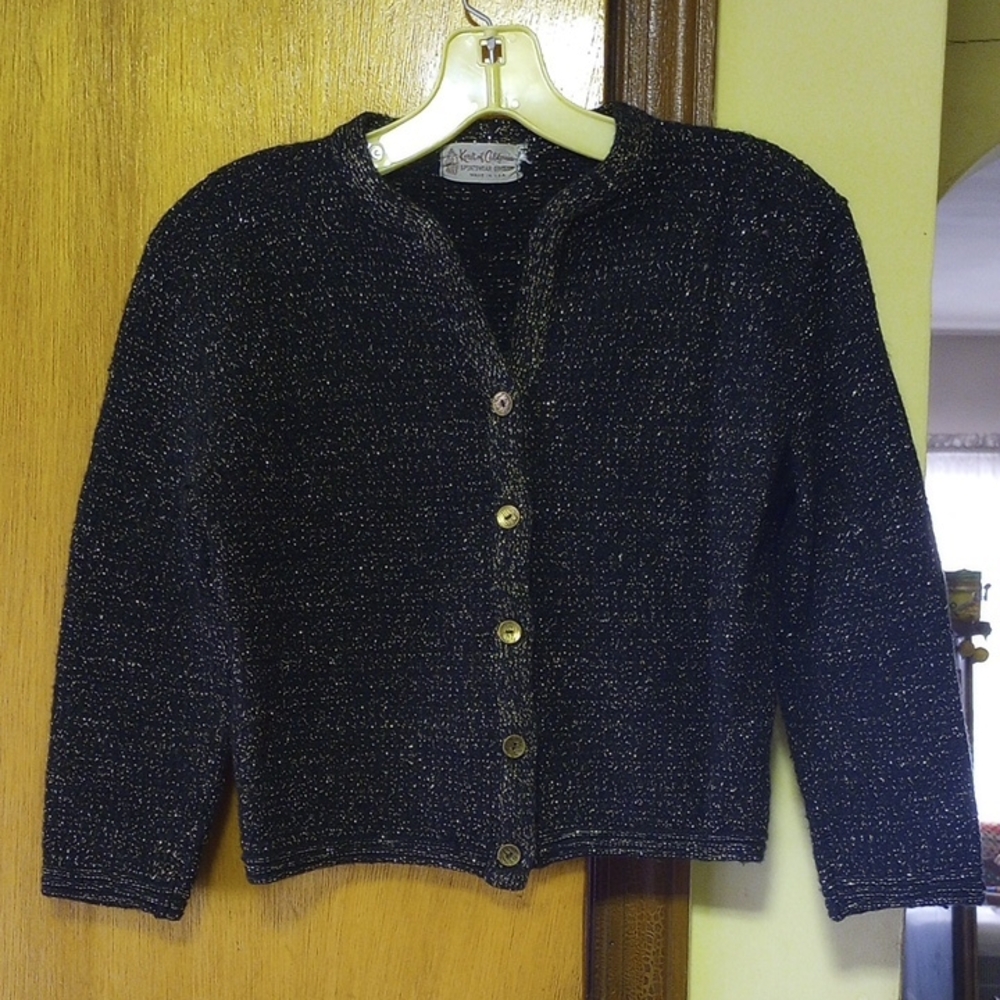 Koret of California, Black & Gold Cardigan Sweater, 3/4 Length Sleeves, Buttons